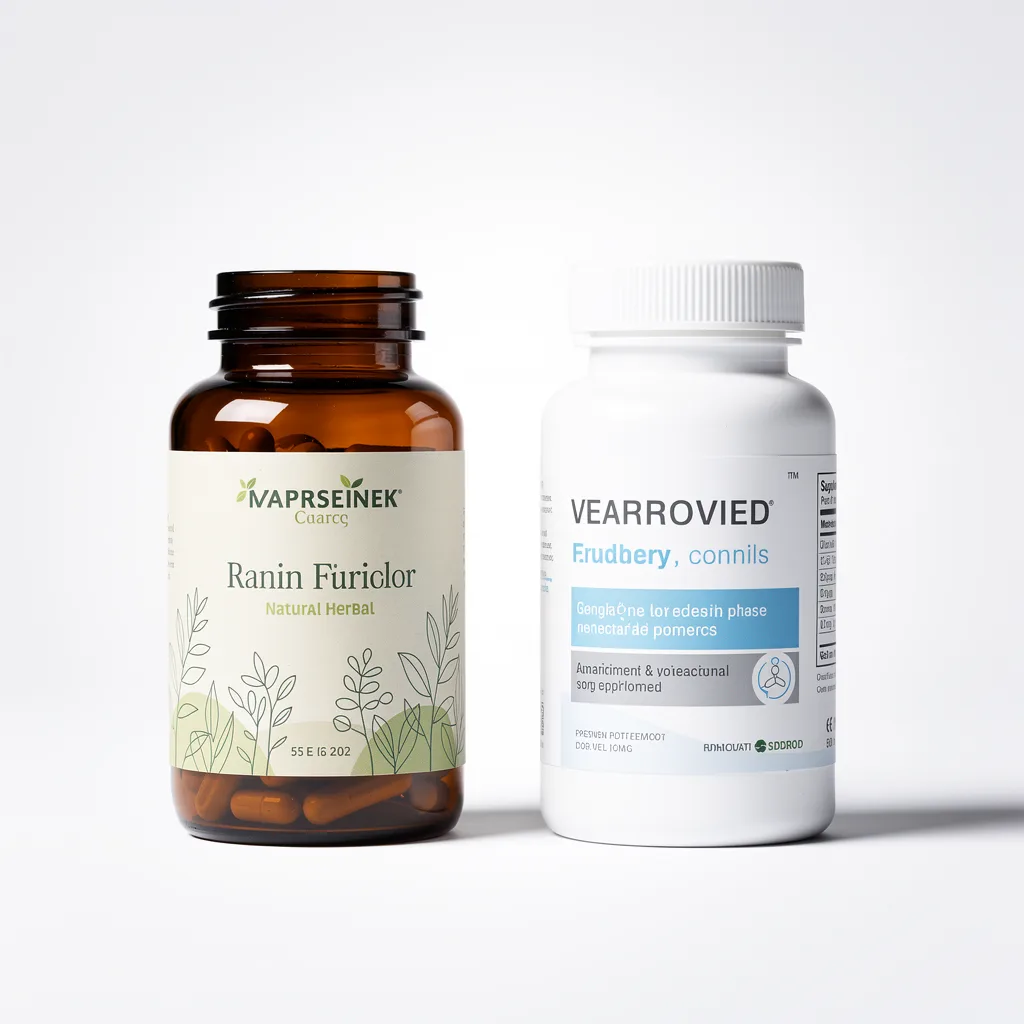 Natural herbal supplement bottle next to pharmaceutical bottle